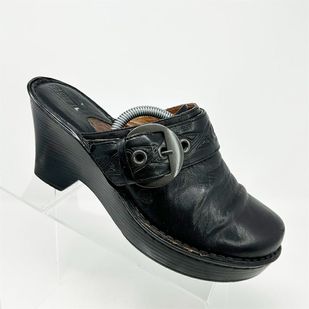 Born Women's Black Leather Buckle Strap Clog Slides Mules Size 9 Fall Casual